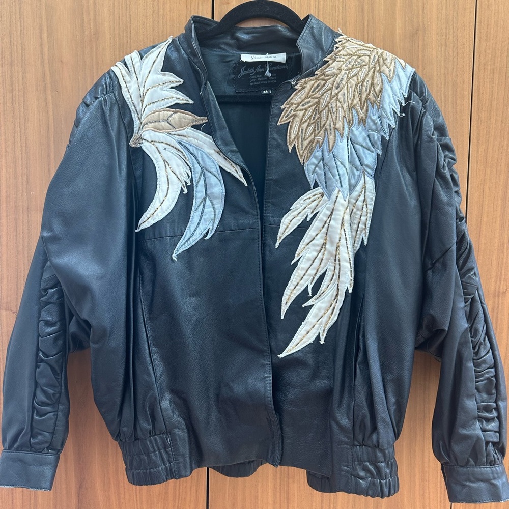 Embellished vintage black leather bomber jacket